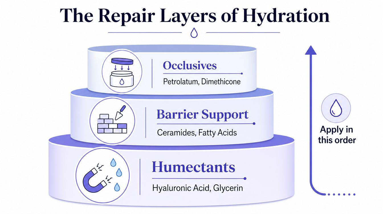 A diagram illustrating the three layers of skin hydration: humectants, barrier support, and occlusives, showing their application order.