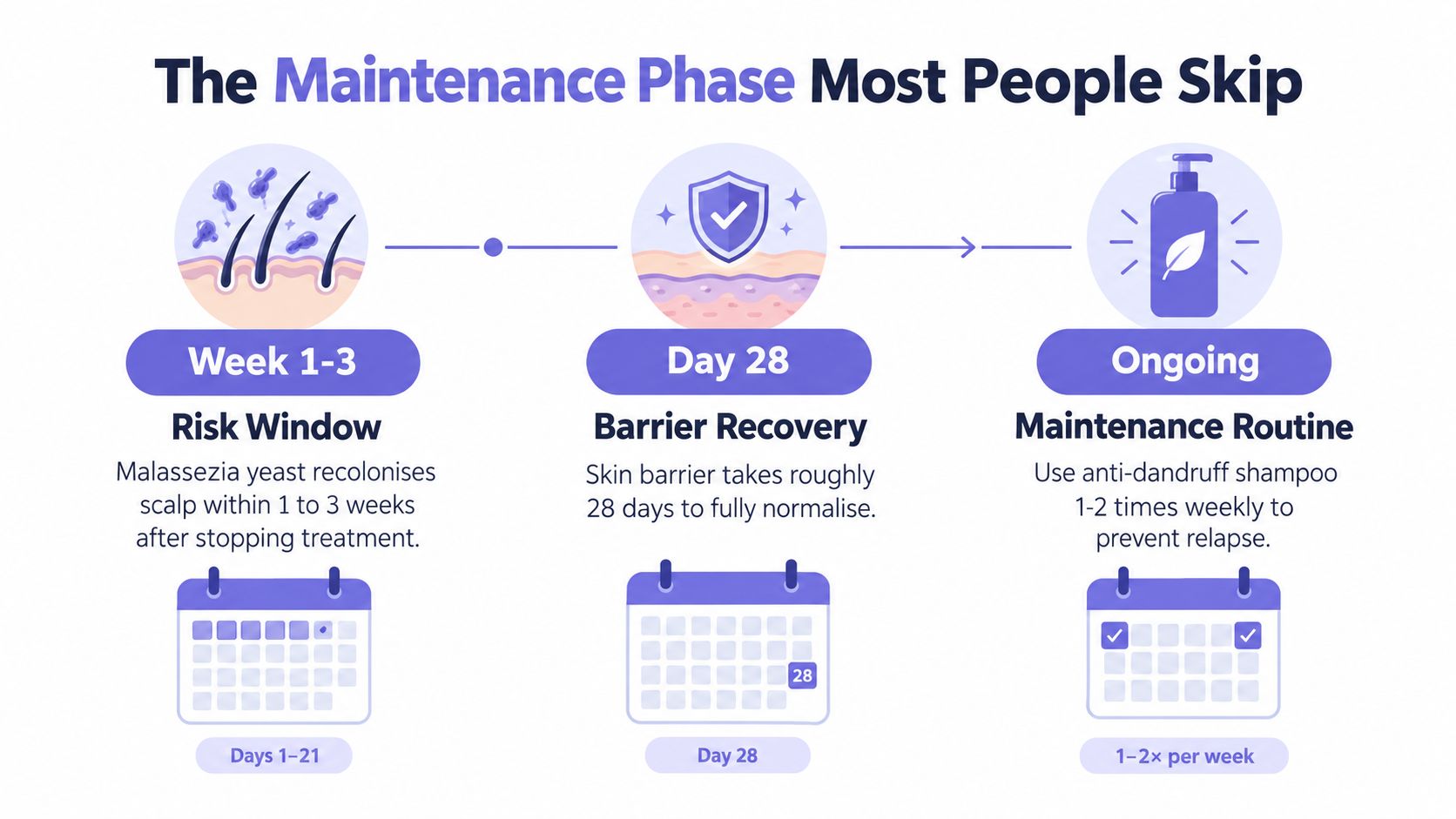 A diagram illustrating the importance of a maintenance routine to prevent dandruff relapse after treatment.