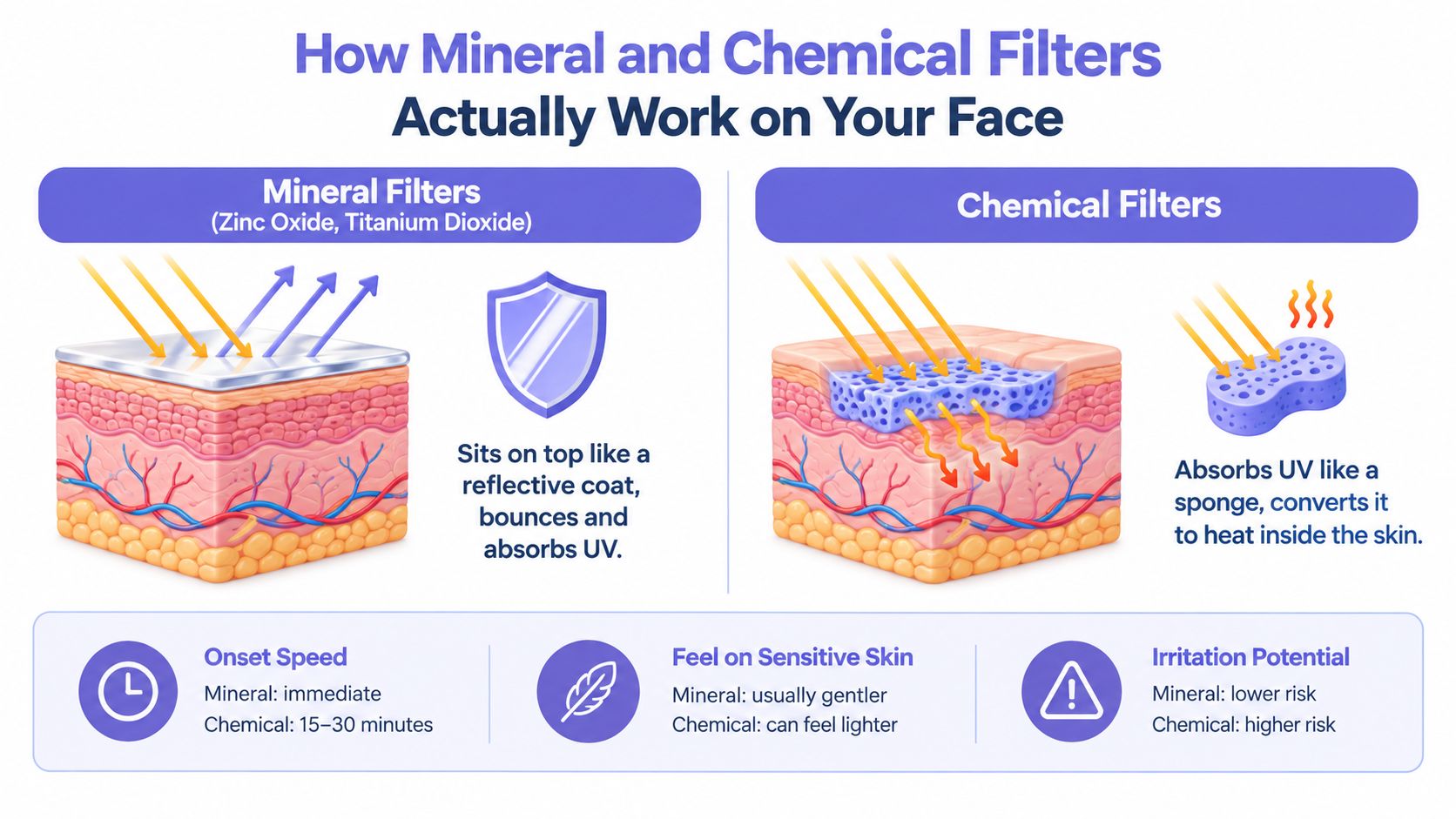 A diagram comparing how mineral and chemical sunscreen filters protect the skin from ultraviolet radiation.