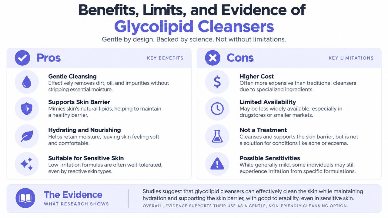 An infographic summarizing the pros and cons of glycolipid cleansers for gentle, effective skin barrier support.