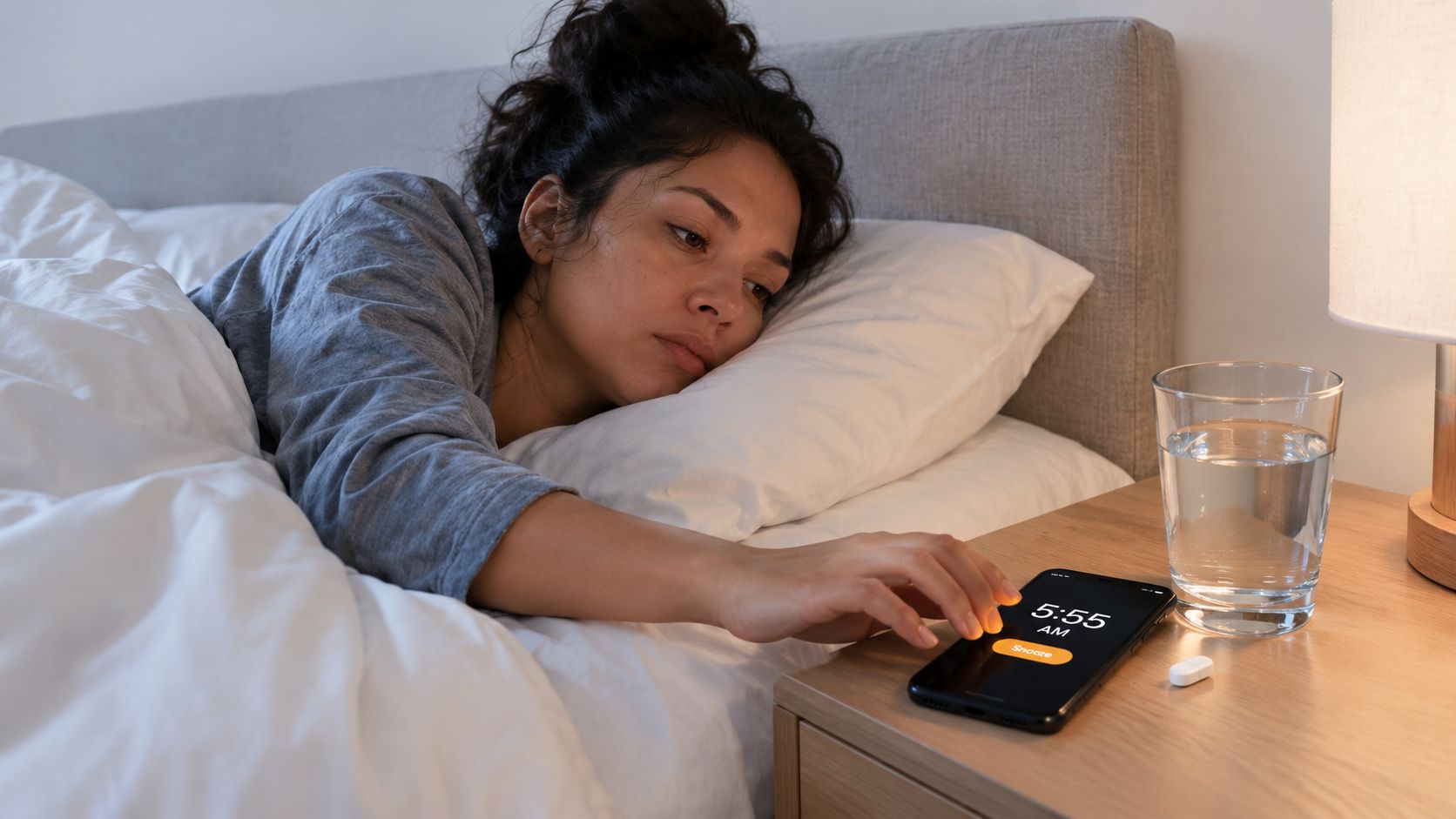 A woman lying in bed tiredly reaching for her phone to press snooze on her alarm clock.