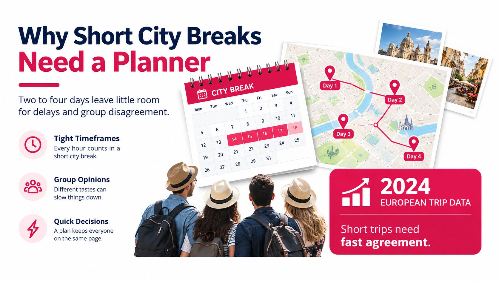 A group of travelers looking at a calendar and map illustrating the need for a city trip planner.