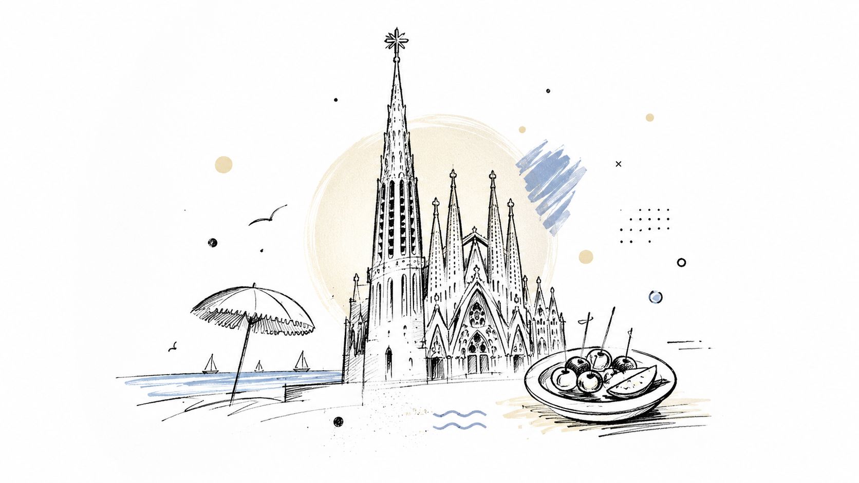 A hand-drawn artistic illustration featuring the Sagrada Familia, a beach scene, and a plate of tapas.