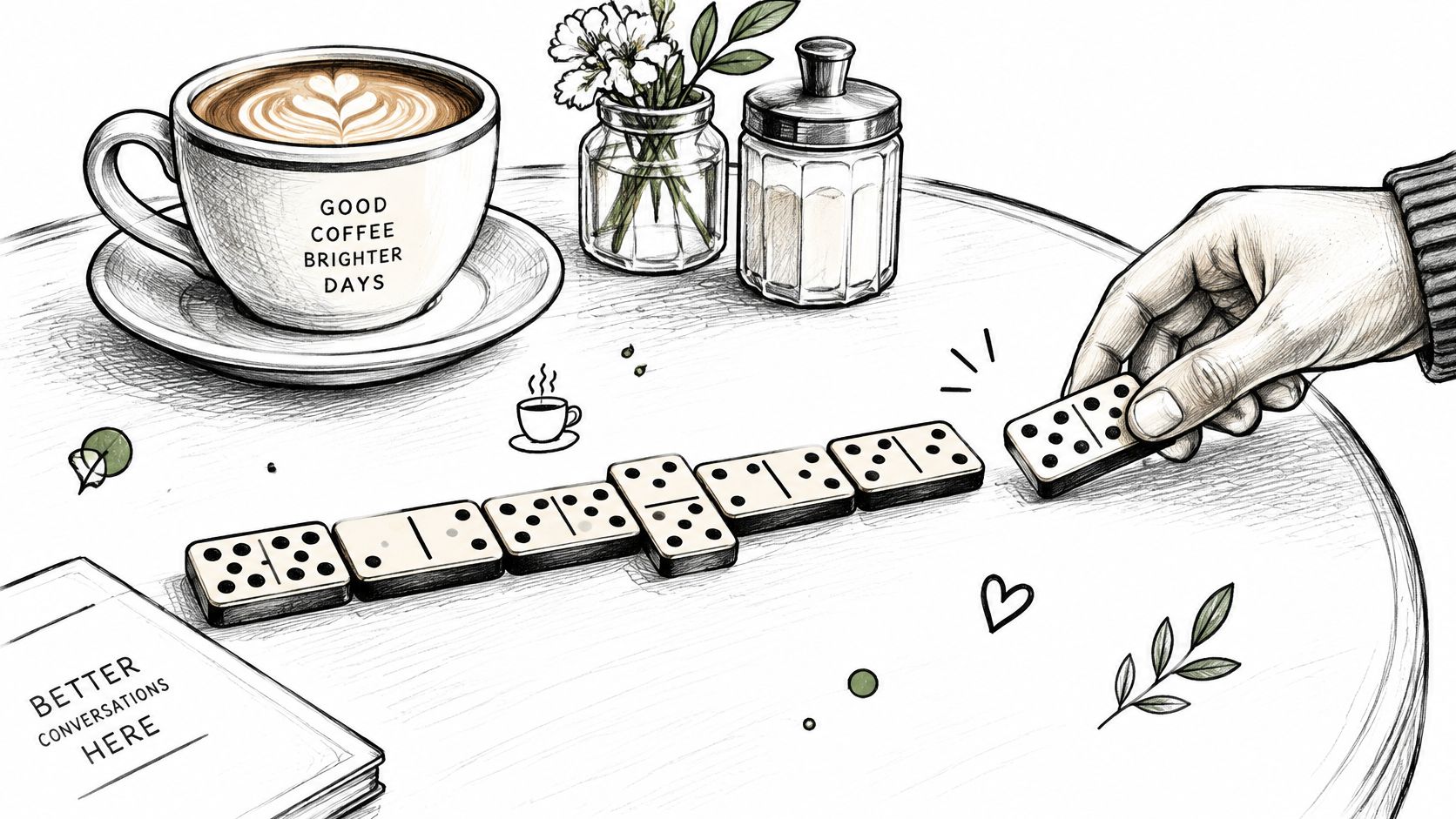 A hand placing a domino on a cafe table next to a cup of coffee.