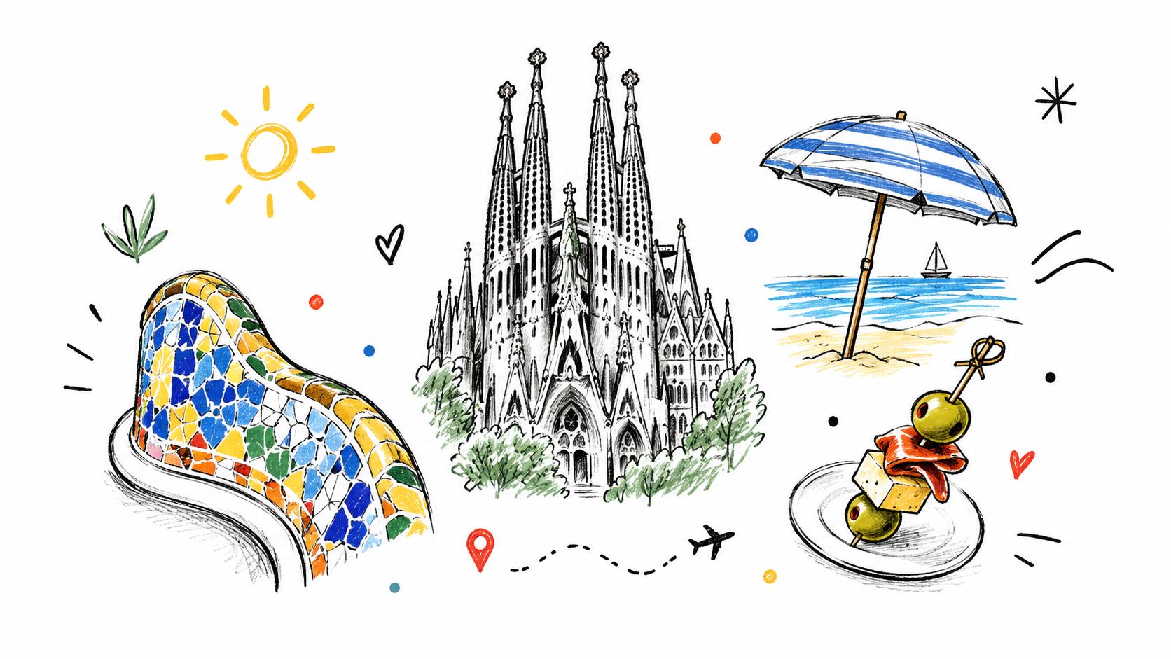 Illustrations of iconic Barcelona landmarks, including Sagrada Familia, Park Güell, a beach umbrella, and tapas food.
