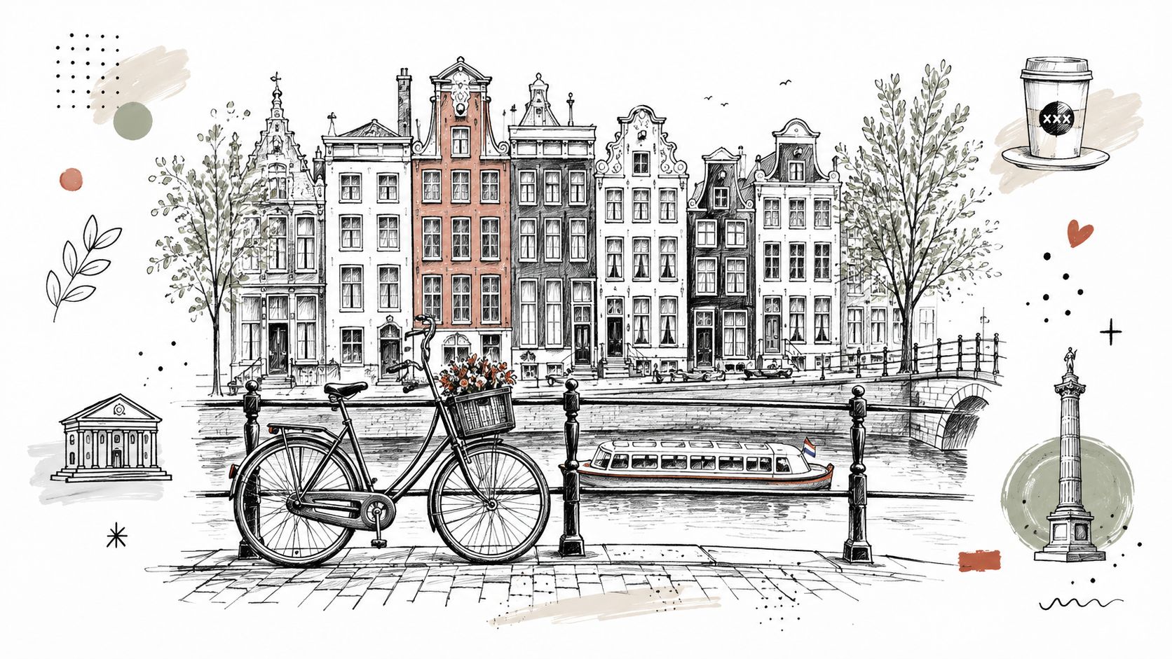 A scenic sketch illustration of Amsterdam canal houses, a bicycle, and a boat for a weekend getaway.