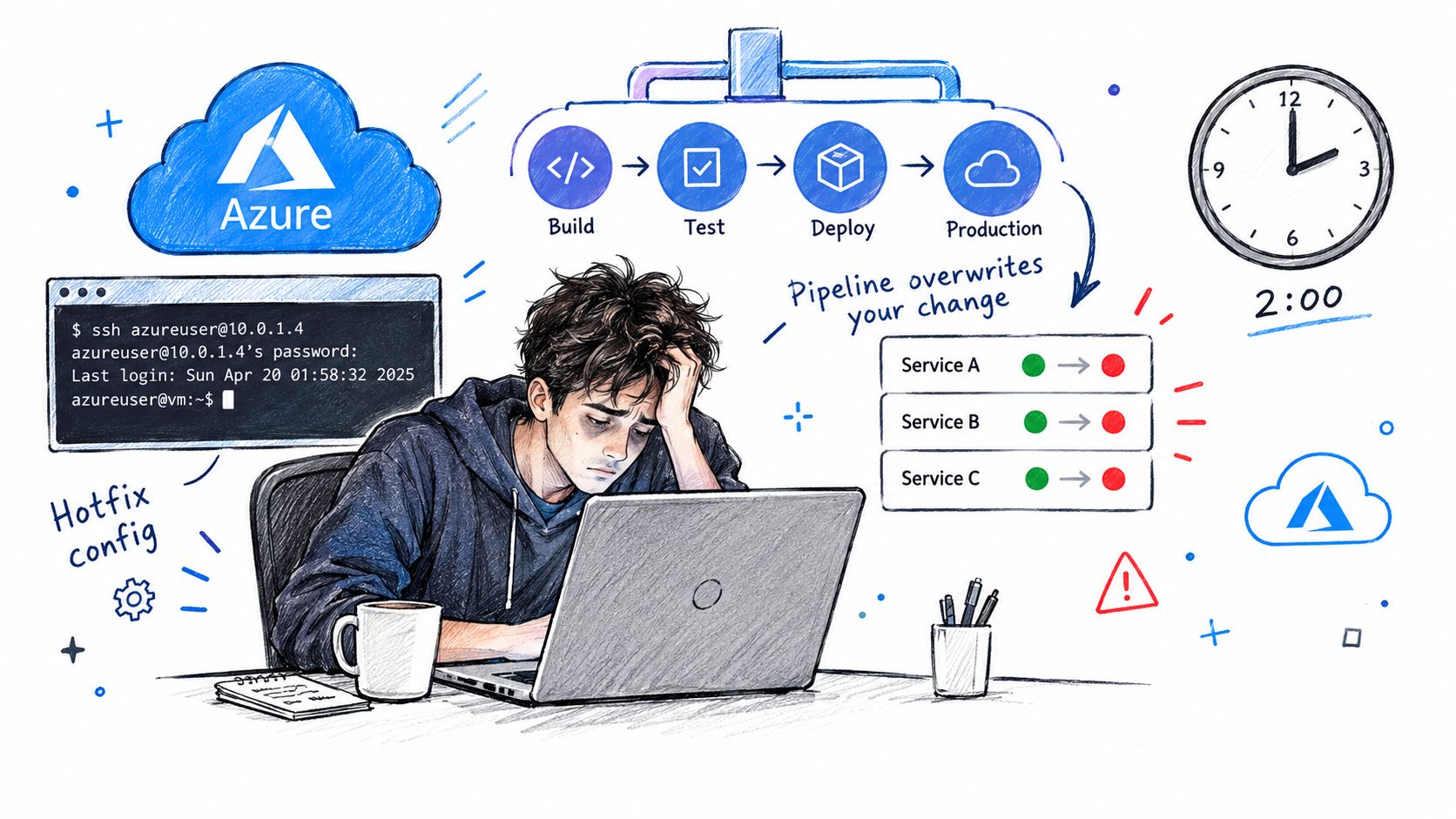 A tired developer working late on a laptop while an automated Azure pipeline overwrites their hotfix configuration.