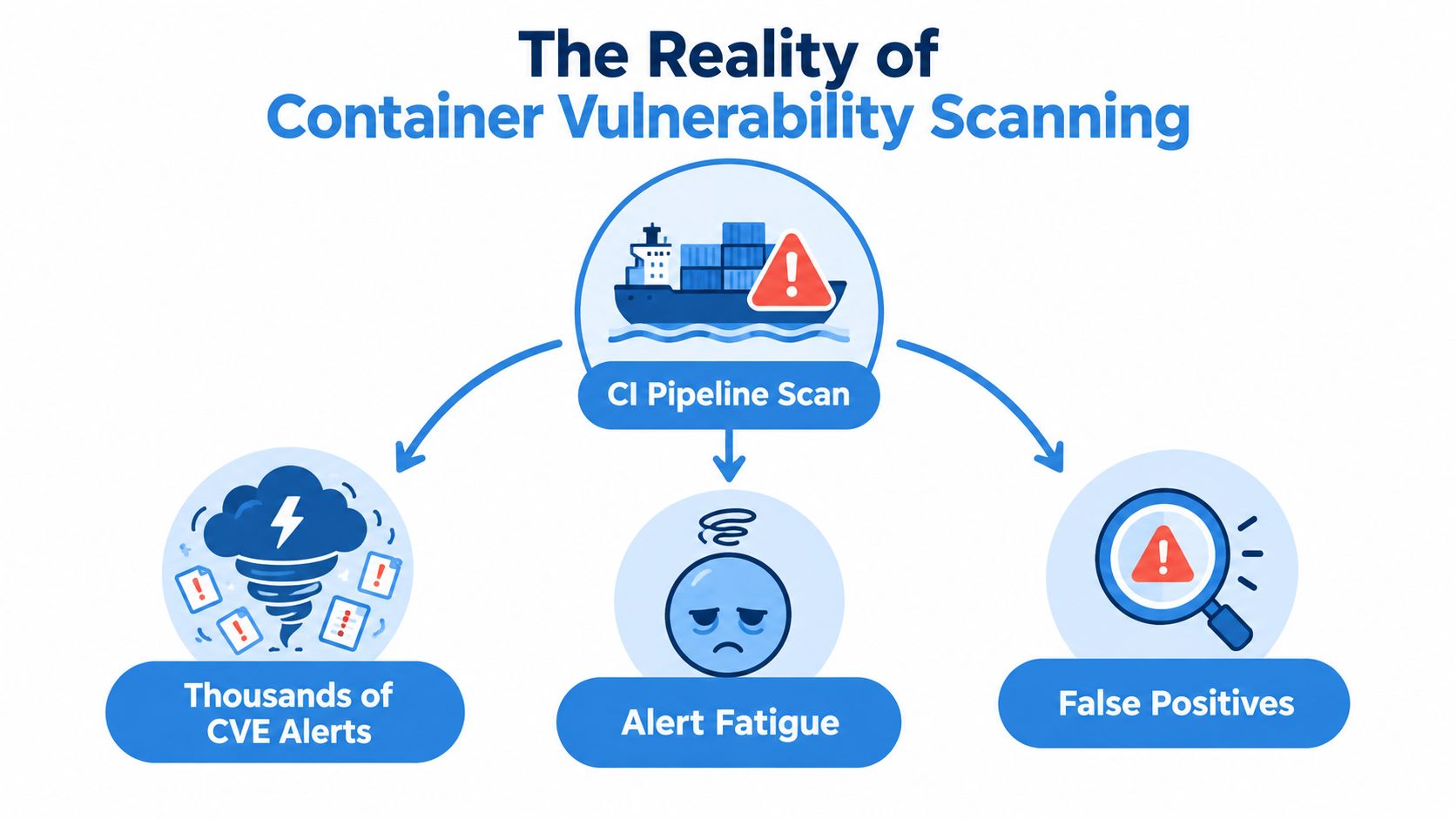 A diagram illustrating the challenges of container vulnerability scanning, including alert fatigue, false positives, and numerous CVE alerts.