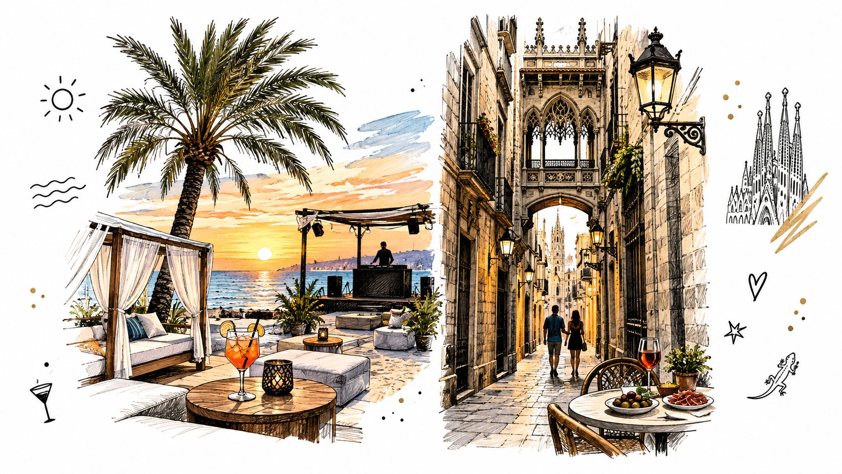 A dual-scene sketch featuring a beach club sunset on the left and a charming historic Barcelona alleyway.
