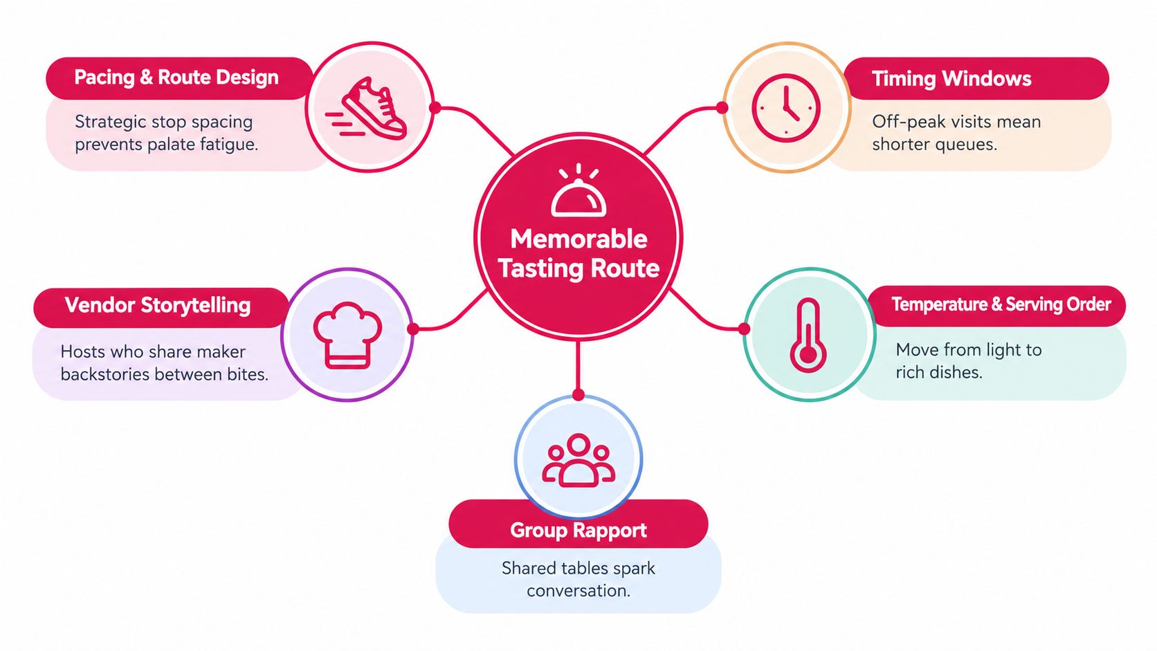 A diagram outlining five key components for designing a memorable food tasting tour experience for groups.