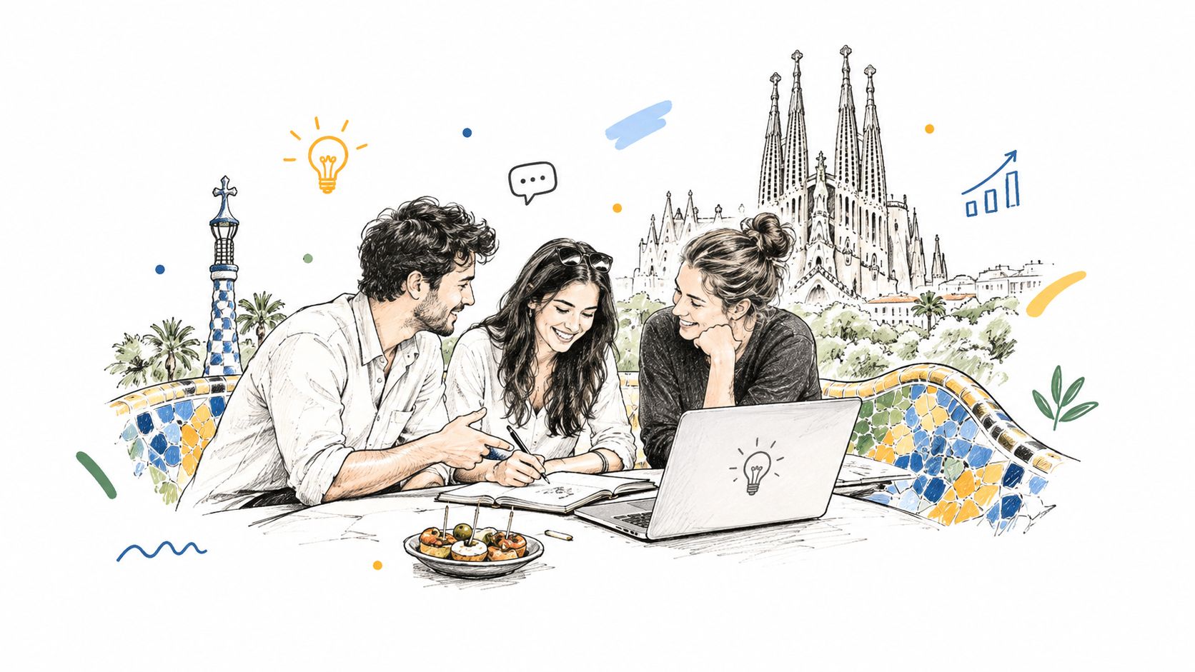 A digital illustration of three young professionals collaborating on a business project near Sagrada Familia in Barcelona.
