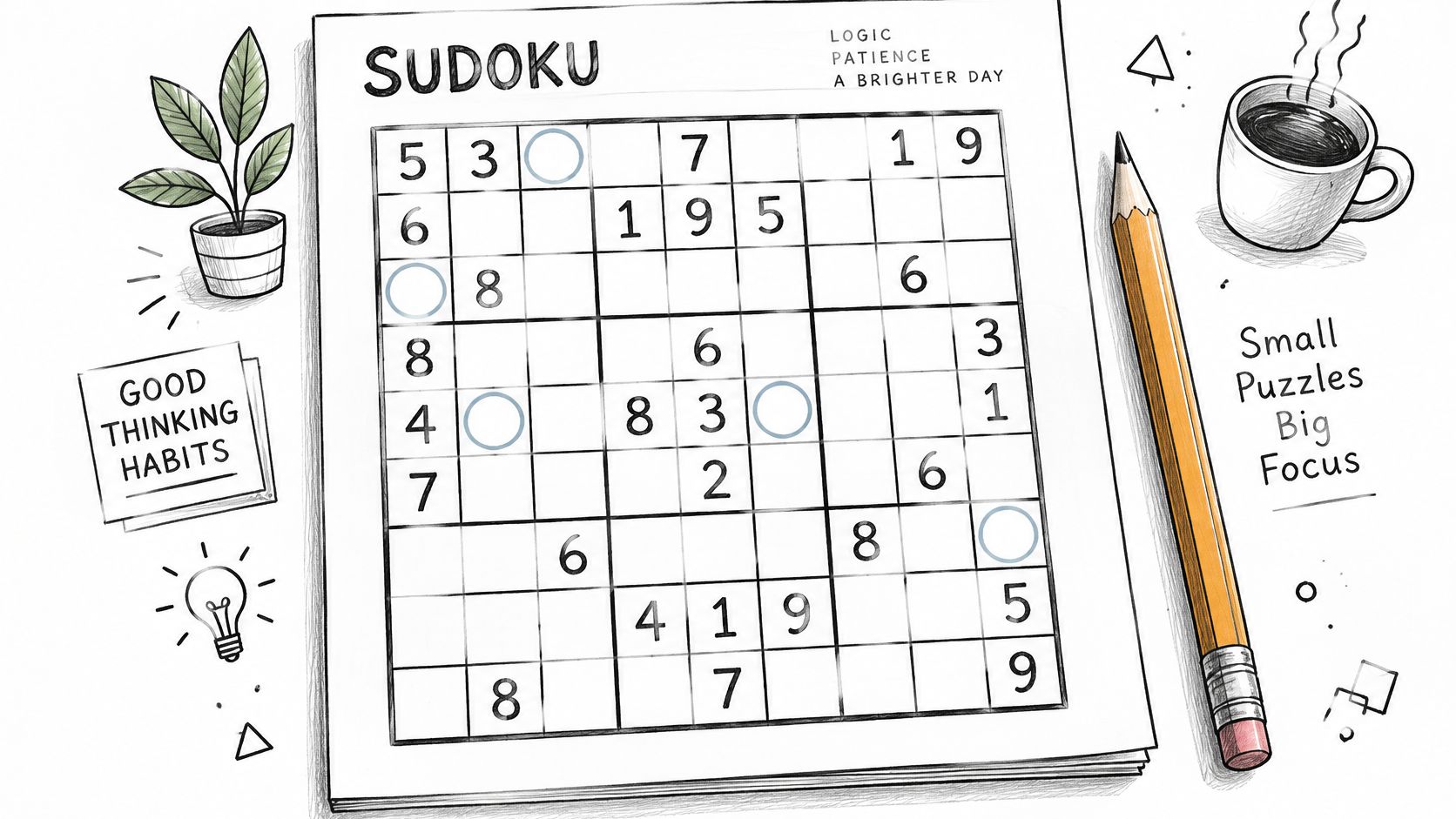 A pencil lies next to a Sudoku puzzle book with a coffee cup and plant nearby.