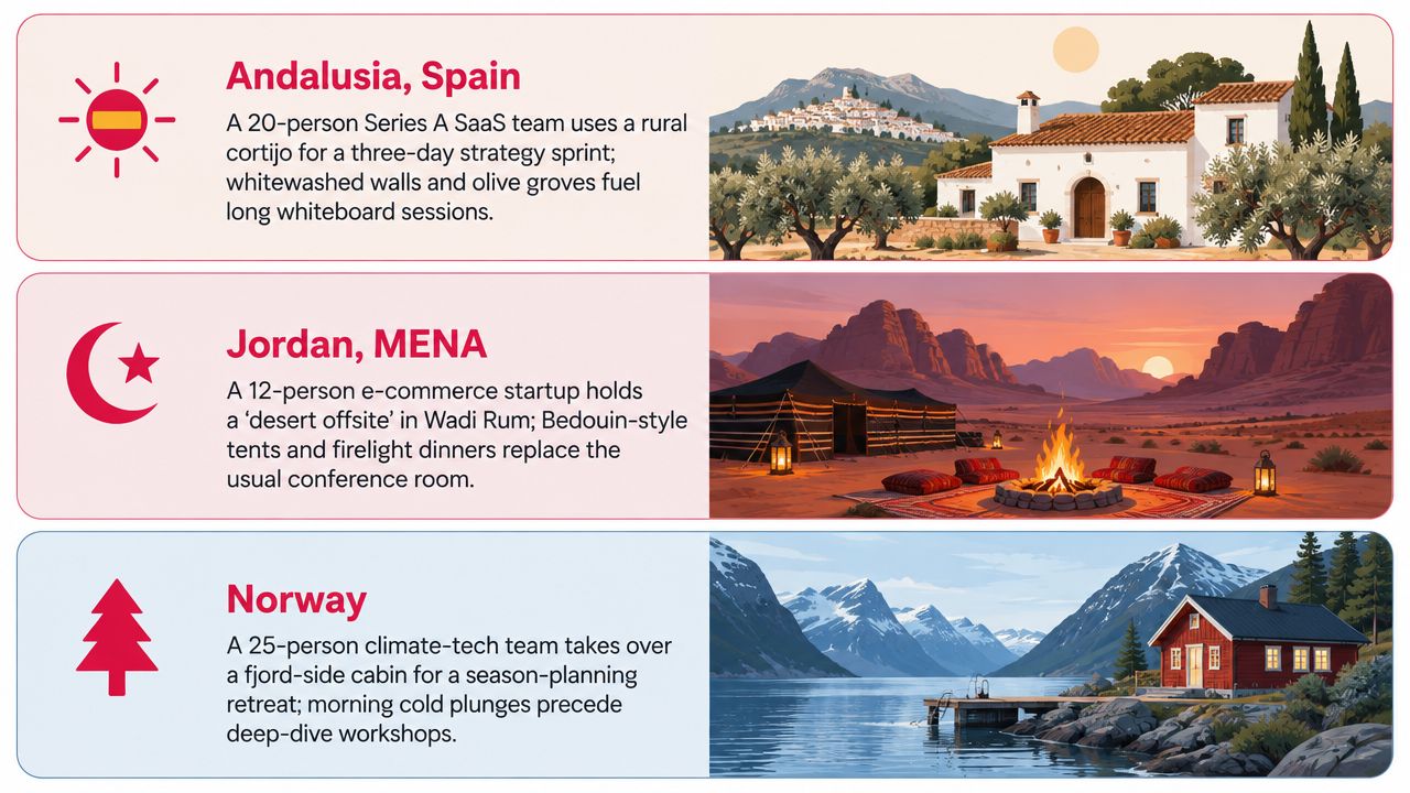 A visual guide illustrating three unique corporate retreat destinations in Andalusia, Jordan, and Norway for startup teams.