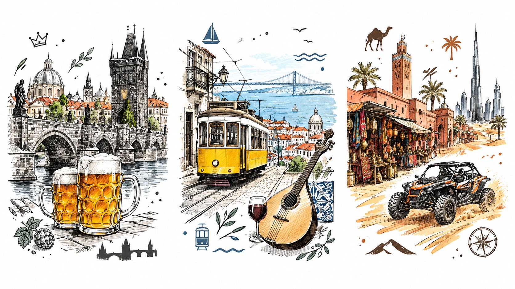 A travel-themed collage featuring iconic landmarks from Prague, Lisbon, Marrakech, and Dubai with symbolic local elements.