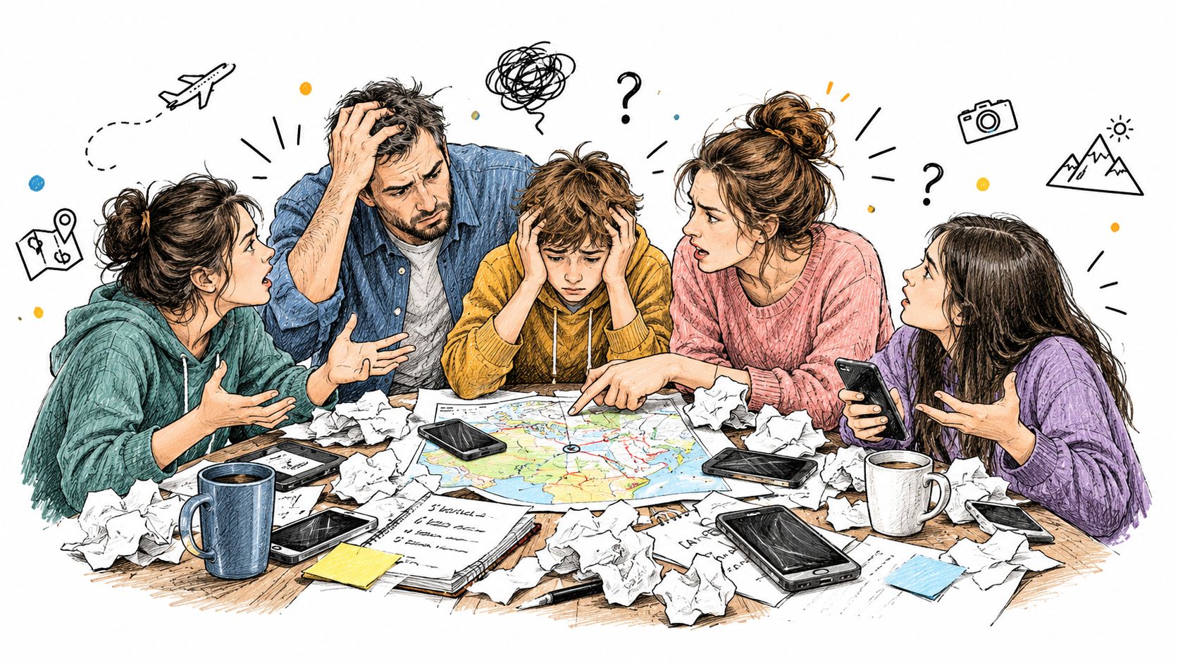 A family of four looking stressed and overwhelmed while planning a trip around a messy table.