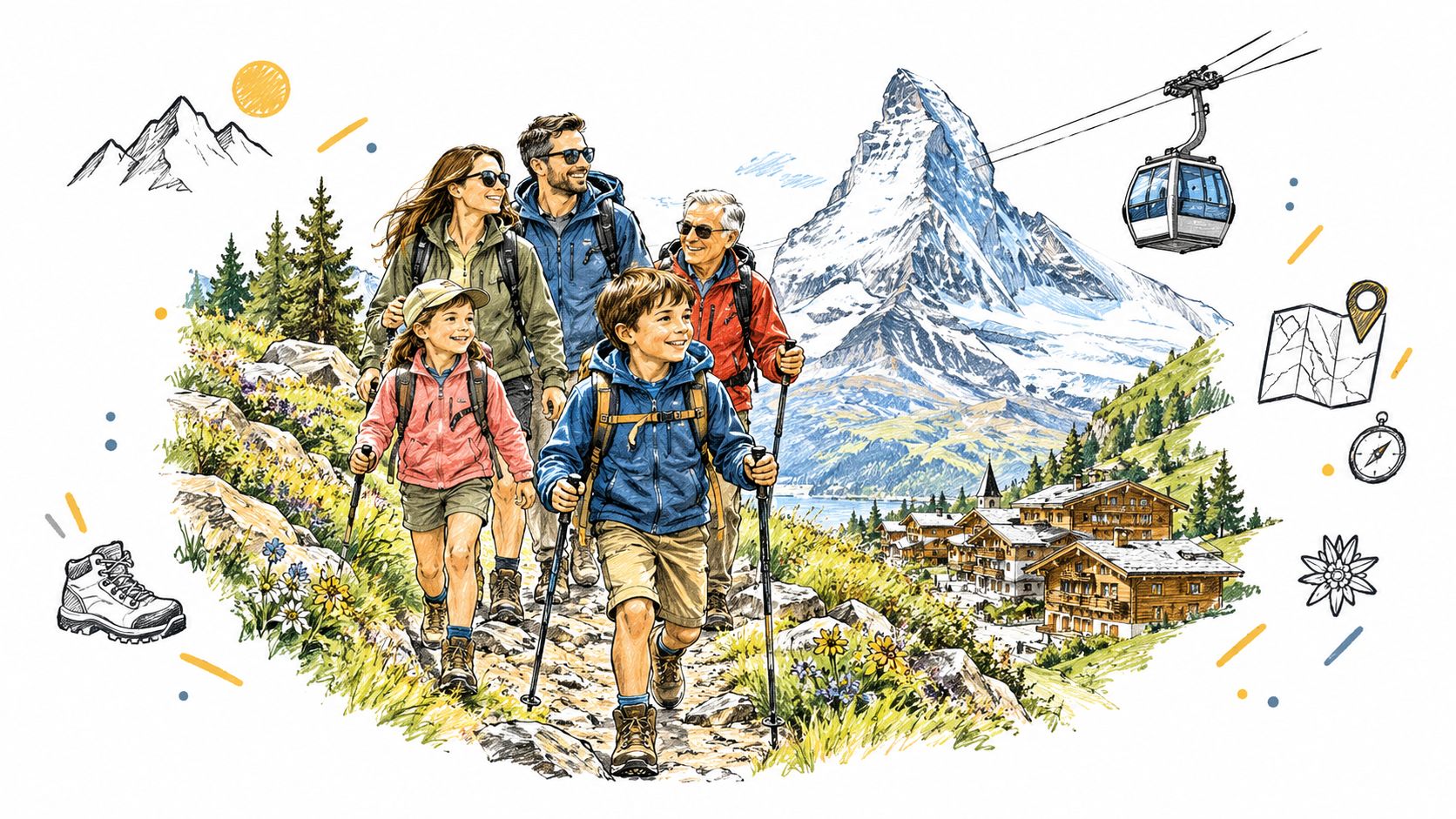 An illustration of a family hiking in the Swiss Alps near the Matterhorn with cabins and a cable car.