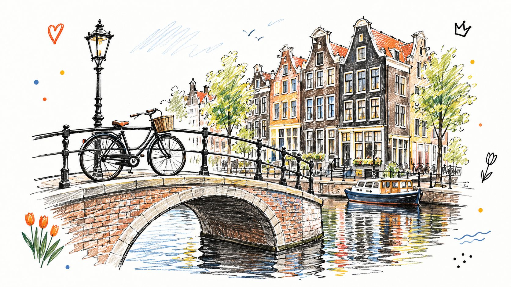 An artistic sketch of a brick bridge with a bicycle in Amsterdam alongside historic canal houses.