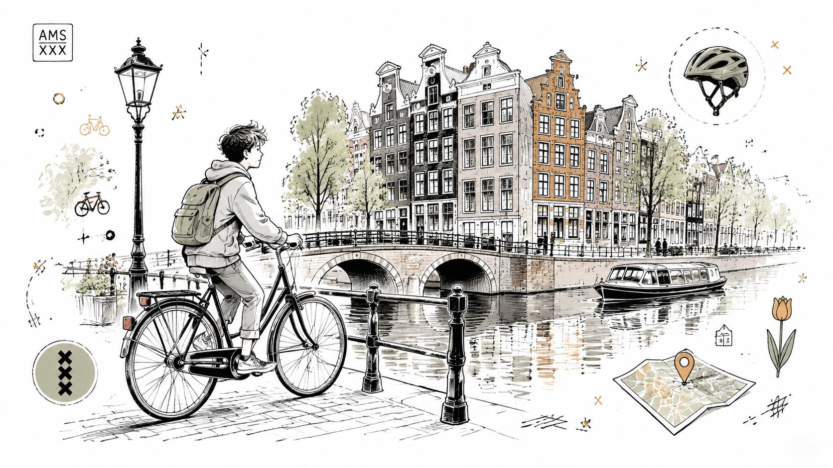 A teenage boy cycling along an Amsterdam canal with historic buildings, a boat, and map icons.