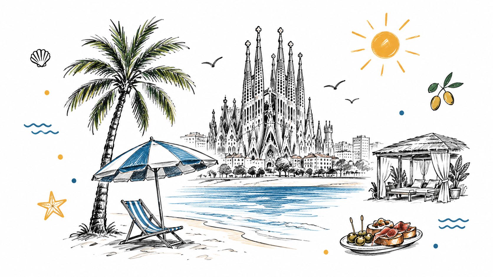 A hand-drawn artistic illustration featuring the Sagrada Familia in Barcelona with a beach scene and tapas.