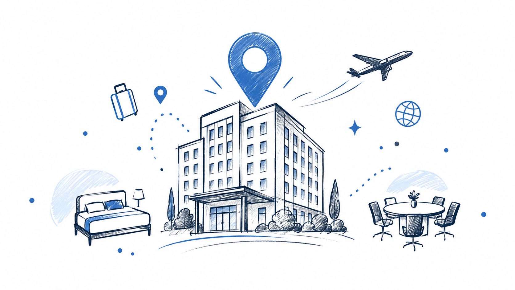 A hand-drawn sketch illustration of a hotel building, business travel, luggage, and corporate meeting room facilities.
