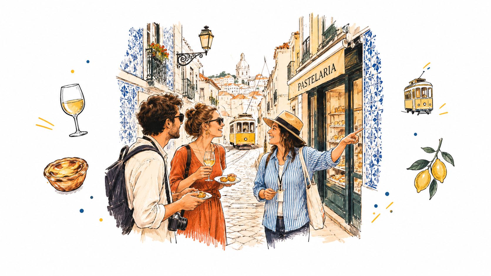 A group of friends enjoying wine and pastries on a sunny street in historic Lisbon, Portugal.