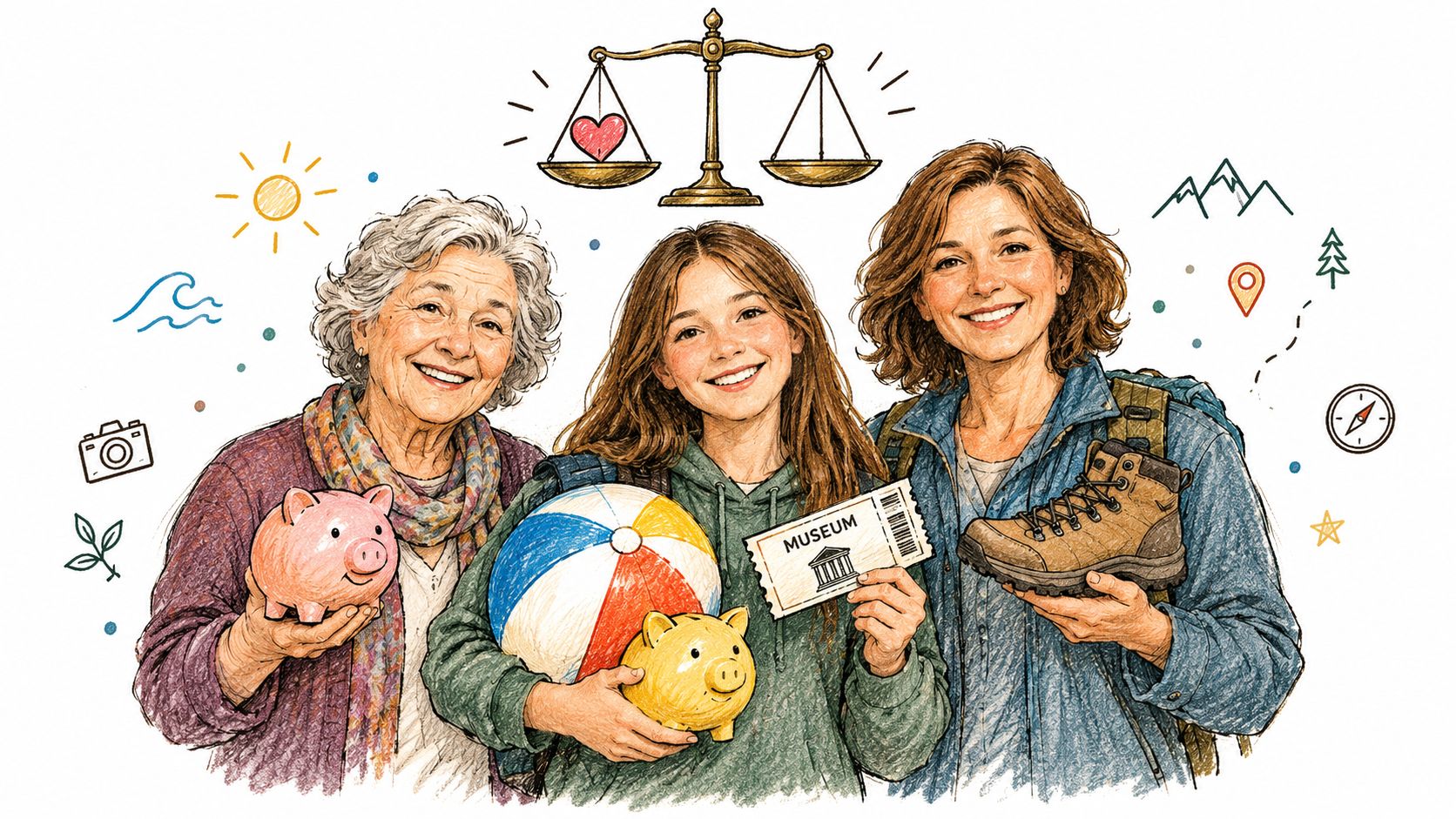 Three generations of women standing together with icons representing travel, savings, culture, and outdoor activities.
