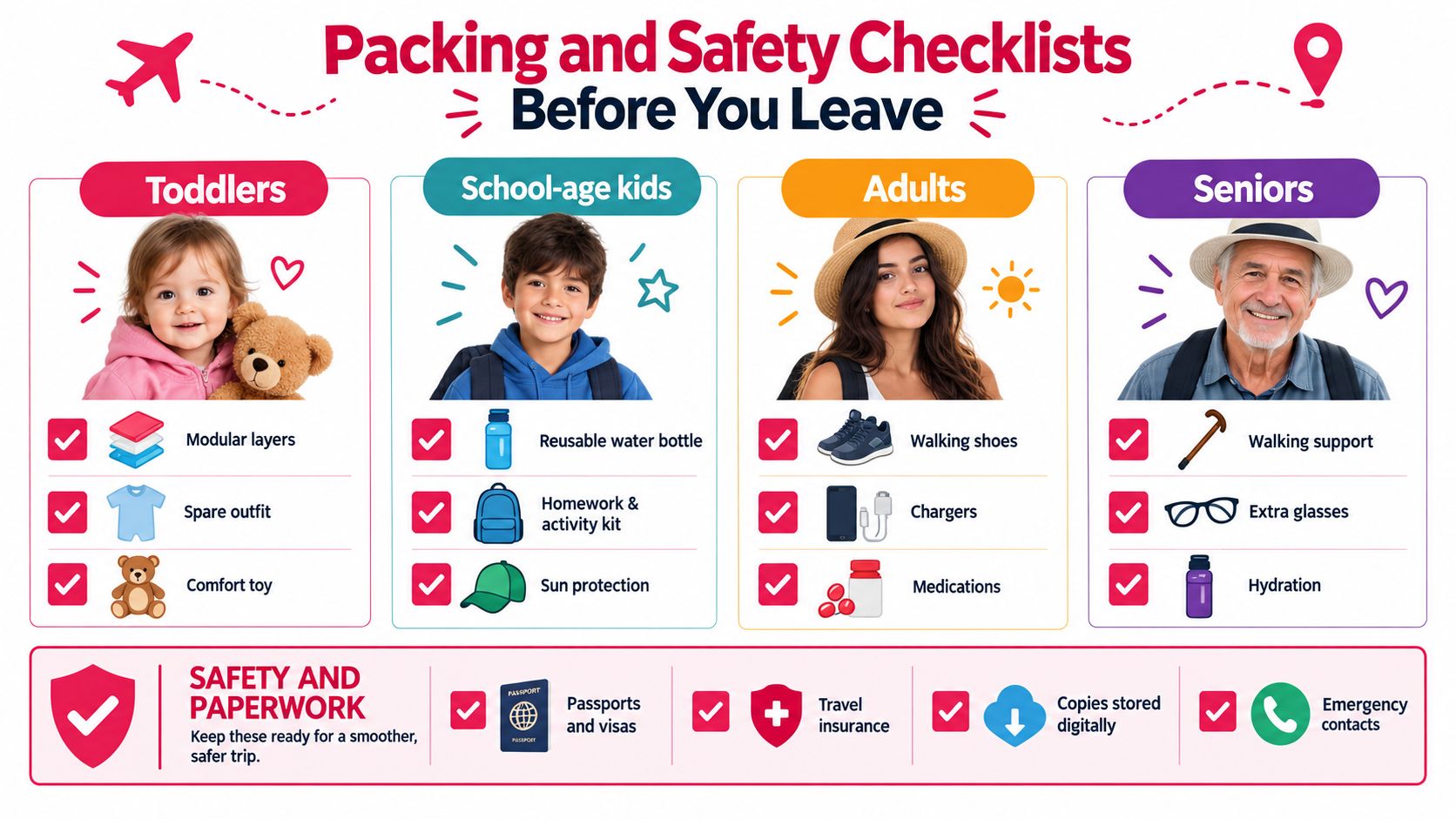 An infographic titled Packing and Safety Checklists showing travel preparation items for toddlers, kids, adults, and seniors.