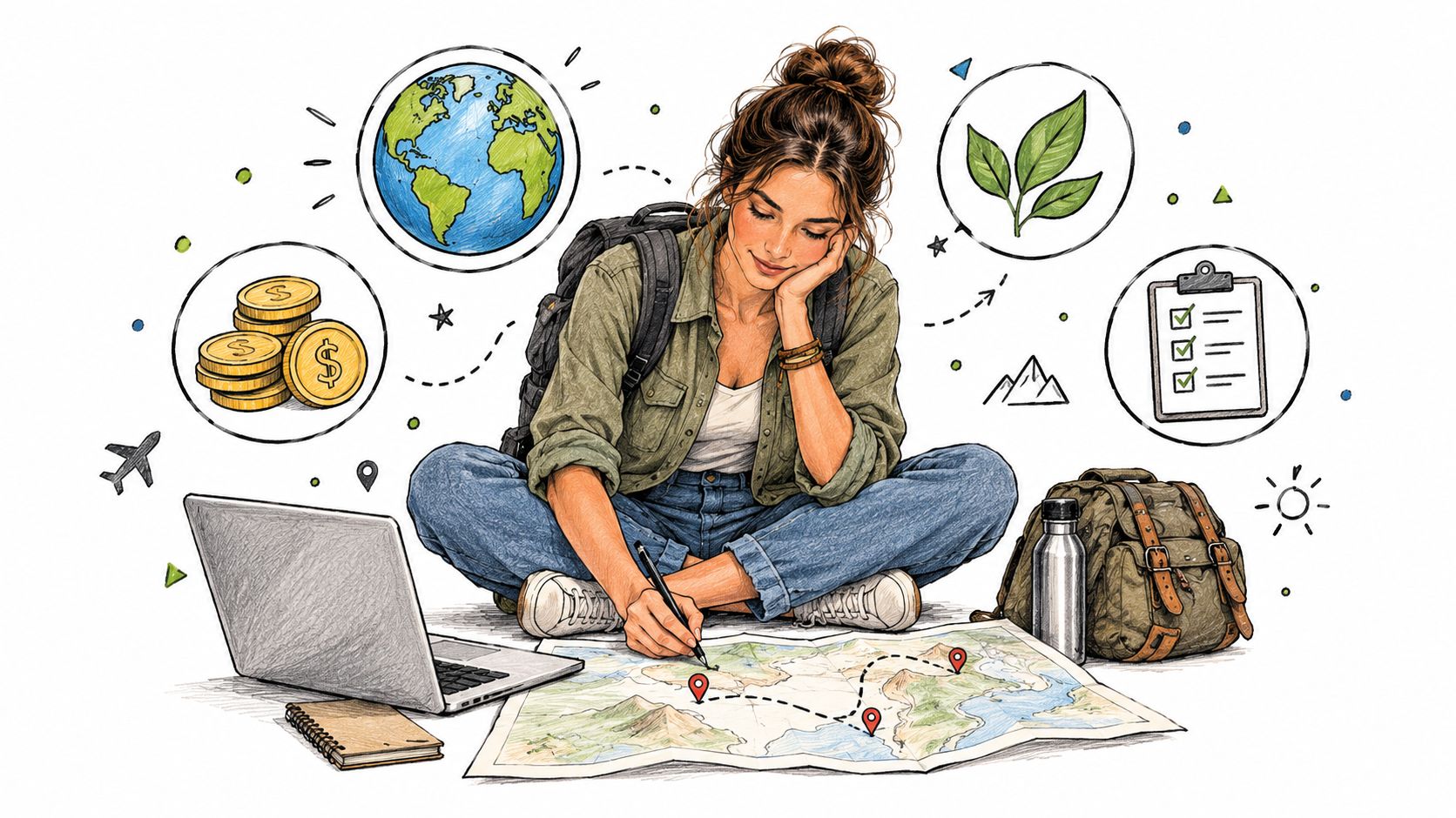 A woman planning a travel route on a map, sitting with a laptop and travel gear.