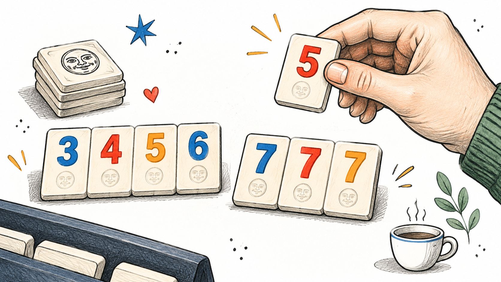 A hand placing a number five tile into a Rummikub board game with colorful numbered tiles