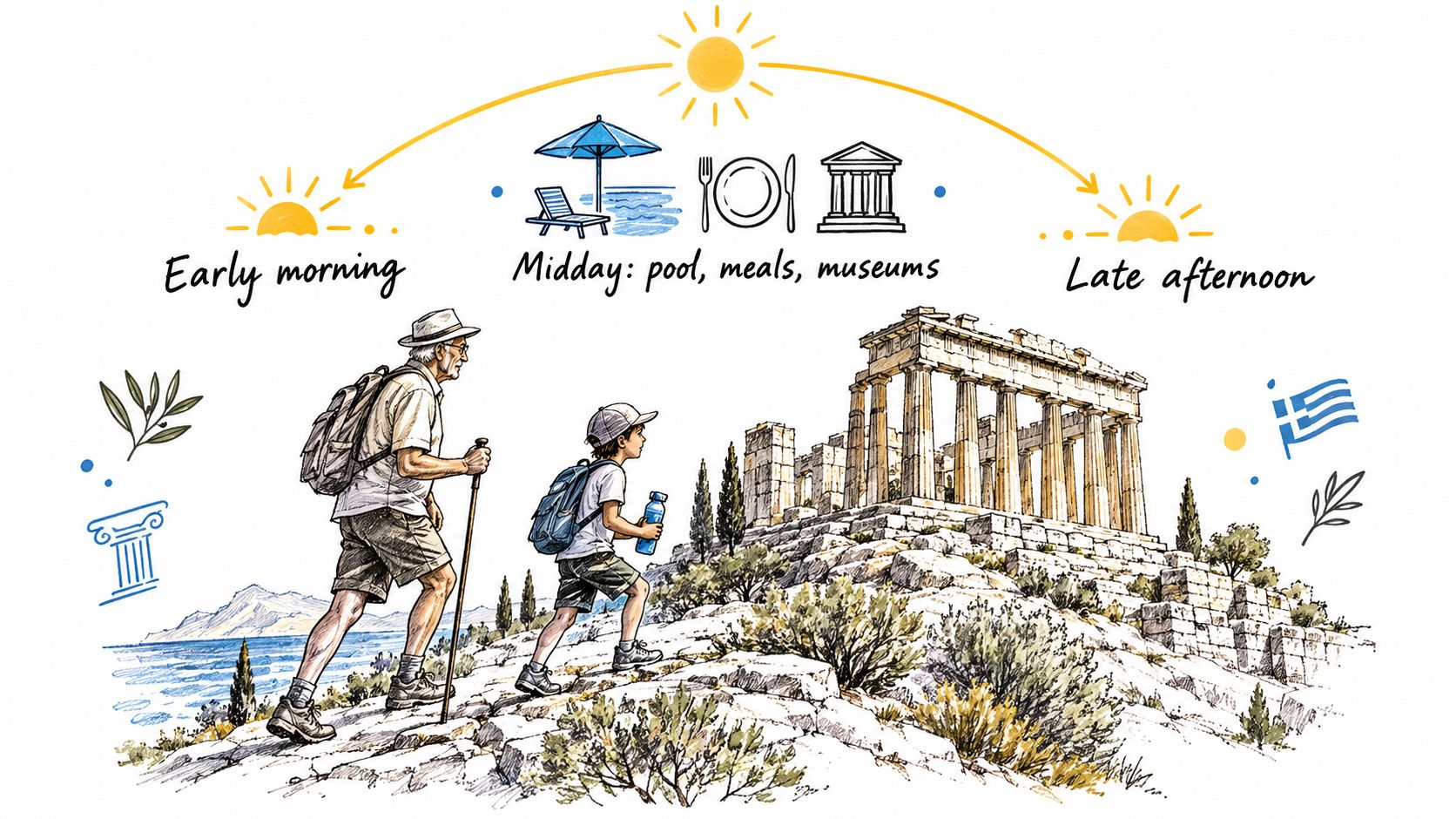An illustration of a grandfather and grandson hiking towards an ancient Greek temple under a sunny sky.