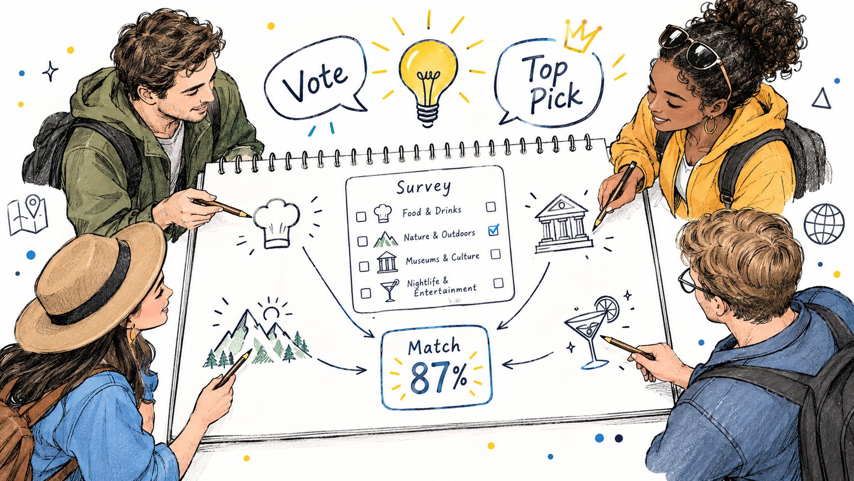 An illustration of a group completing an activity survey across food, nature, museums, and nightlife, feeding into a single match score and top pick.