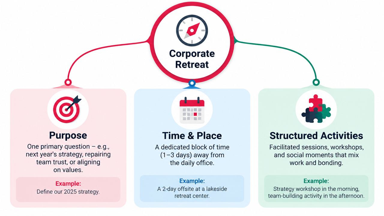 A diagram explaining the components of a corporate retreat including purpose, time, place, and structured activities.