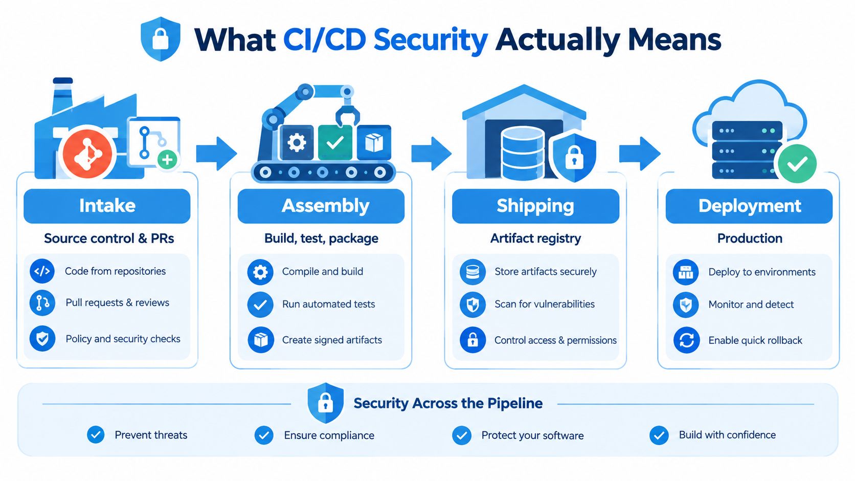 A diagram illustrating the four stages of CI/CD security: Intake, Assembly, Shipping, and Deployment.
