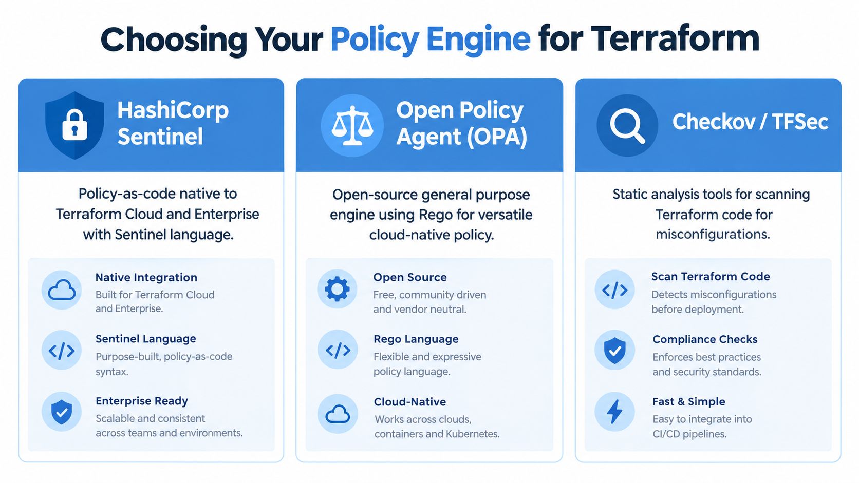 A comparison chart outlining key features of HashiCorp Sentinel, Open Policy Agent, and Checkov or TFSec.