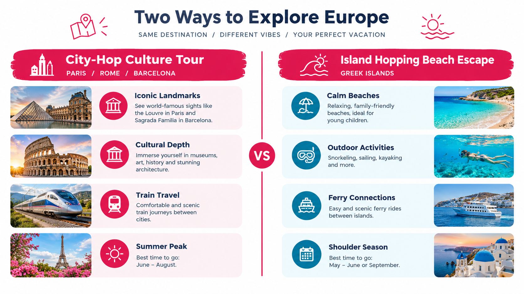 A comparison infographic showing two ways to explore Europe: city-hop culture tours versus island hopping beach escapes.