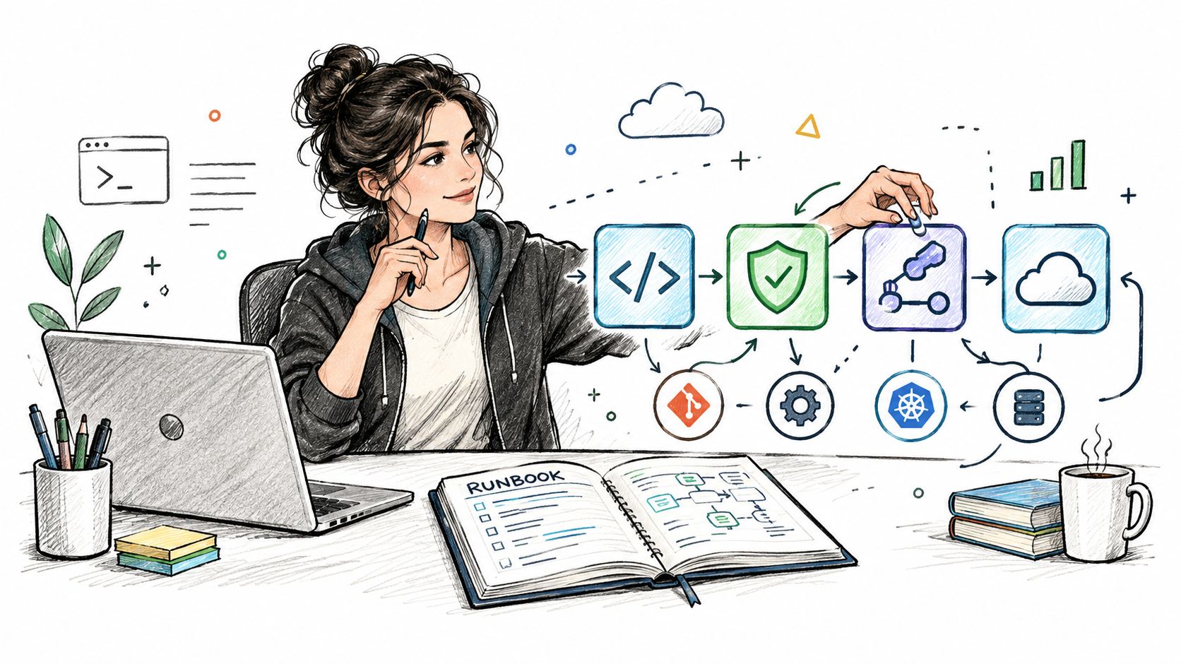 A female developer working on a devops workflow illustration featuring a laptop, runbook, and software icons.