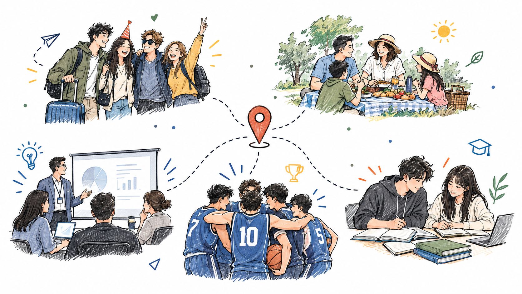 A diverse group of people engaged in various activities like traveling, studying, and sports, connected by lines.