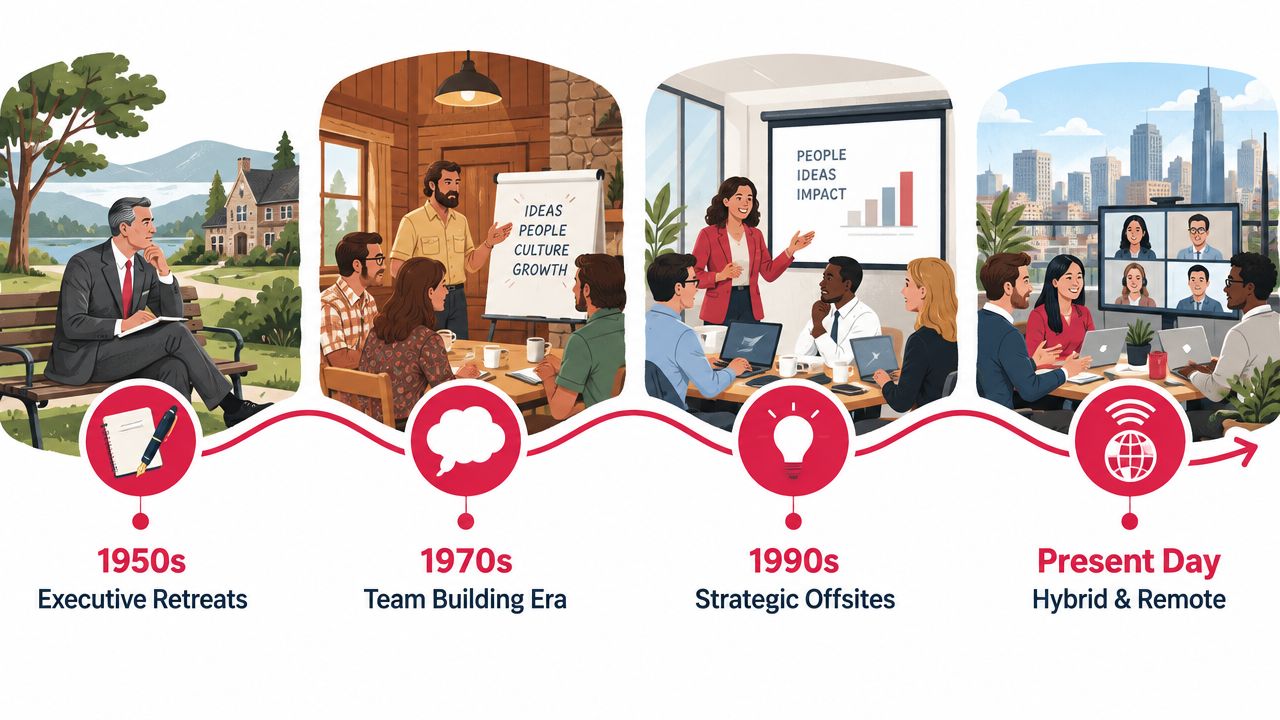 An illustration showing the evolution of corporate retreats from the 1950s executive style to modern remote meetings.