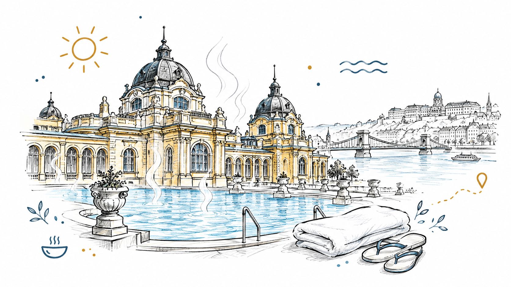 An artistic sketch of the Széchenyi Thermal Bath in Budapest with the Chain Bridge in the background.
