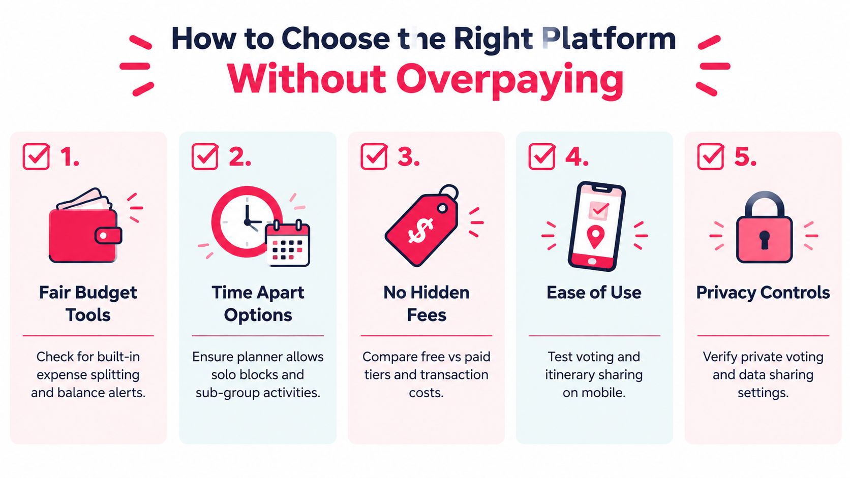 An infographic titled How to Choose the Right Platform Without Overpaying, showing five key tips for group travel planners.