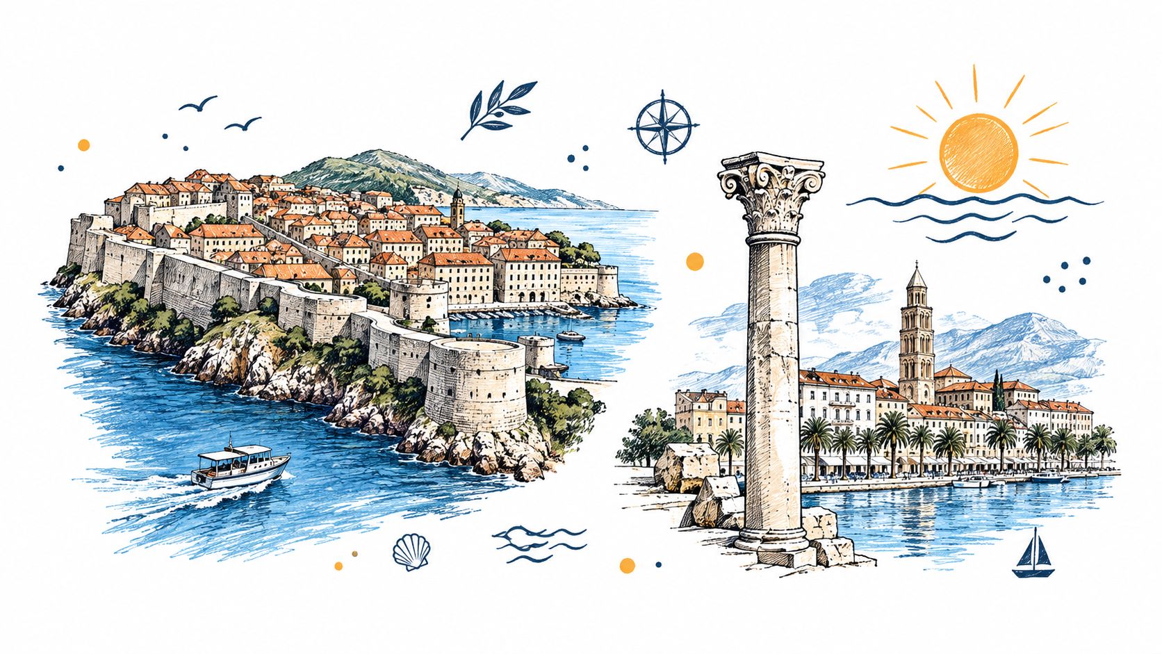 An illustrated representation of historic Croatian coastal cities with a boat, ancient columns, and a bright sun.
