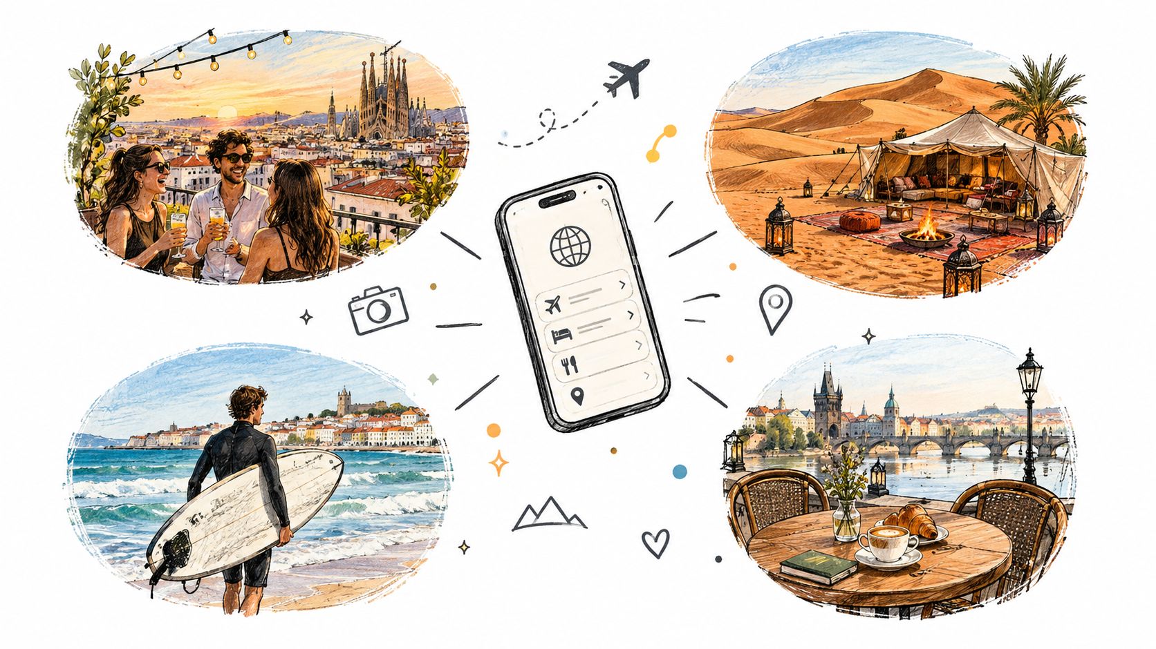 A digital travel planning application surrounded by four illustrations of diverse vacation experiences and travel icons.