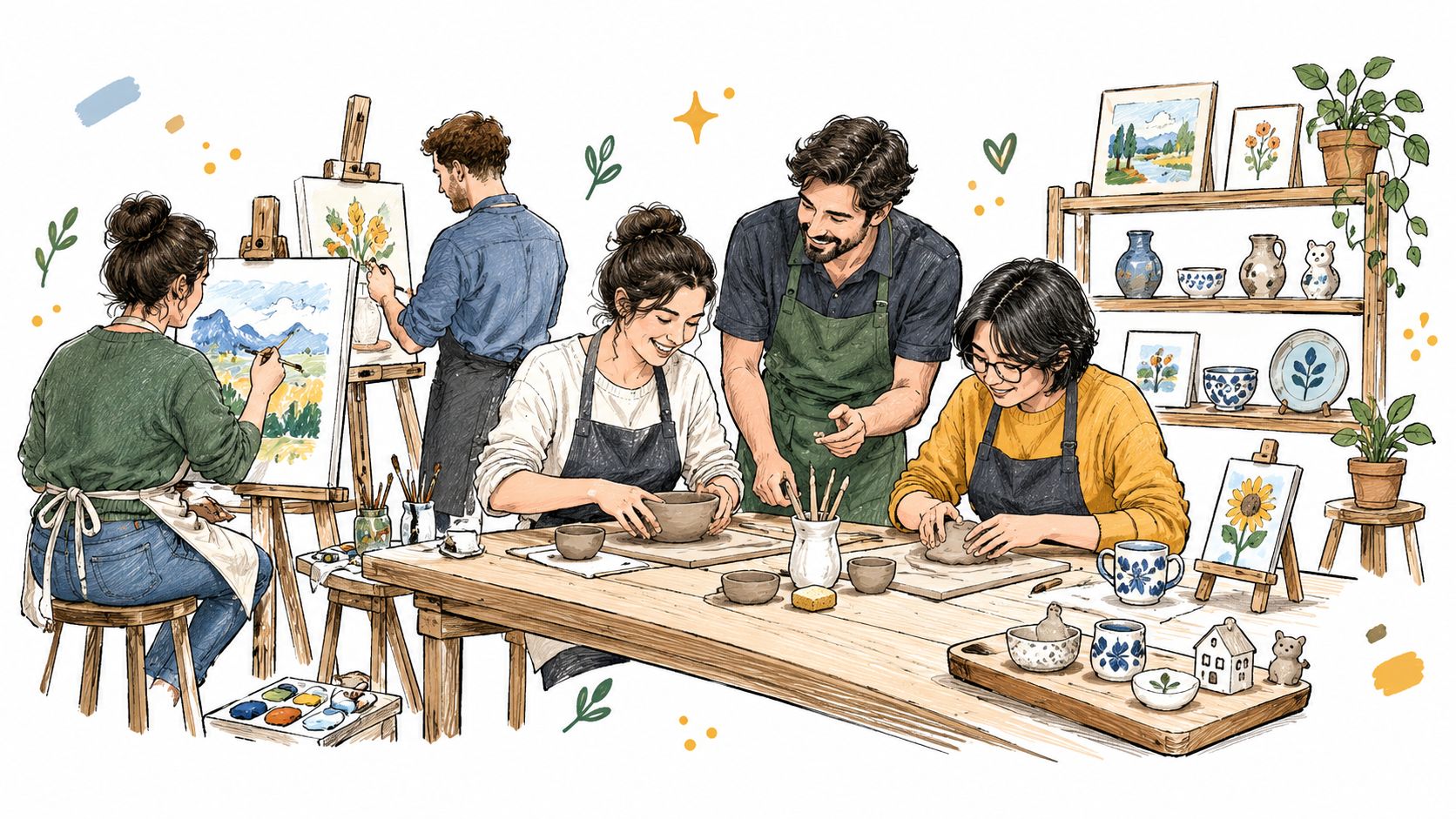 A diverse group of adults working together in a creative art studio, painting and sculpting clay pottery.