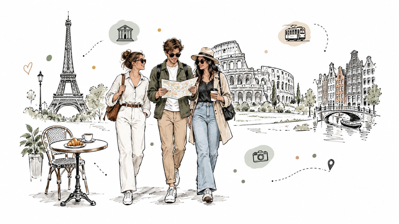A stylish group of friends walking and exploring famous European landmarks while looking at a map.