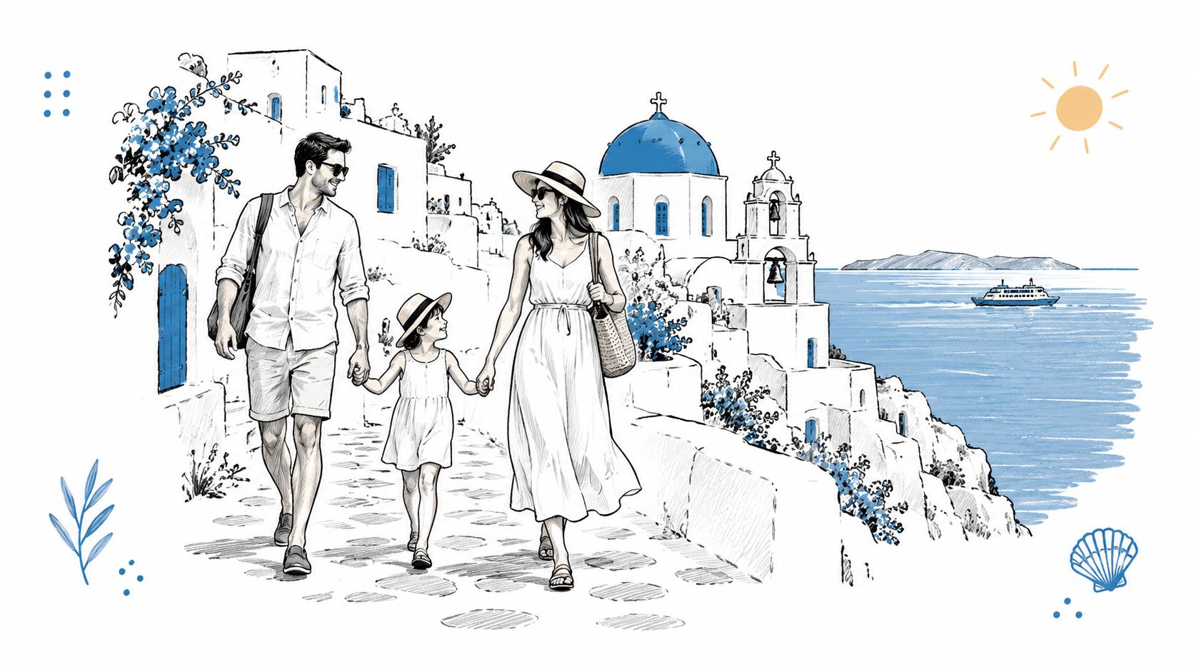 A happy family walking together on a cobblestone path in a scenic Greek island village