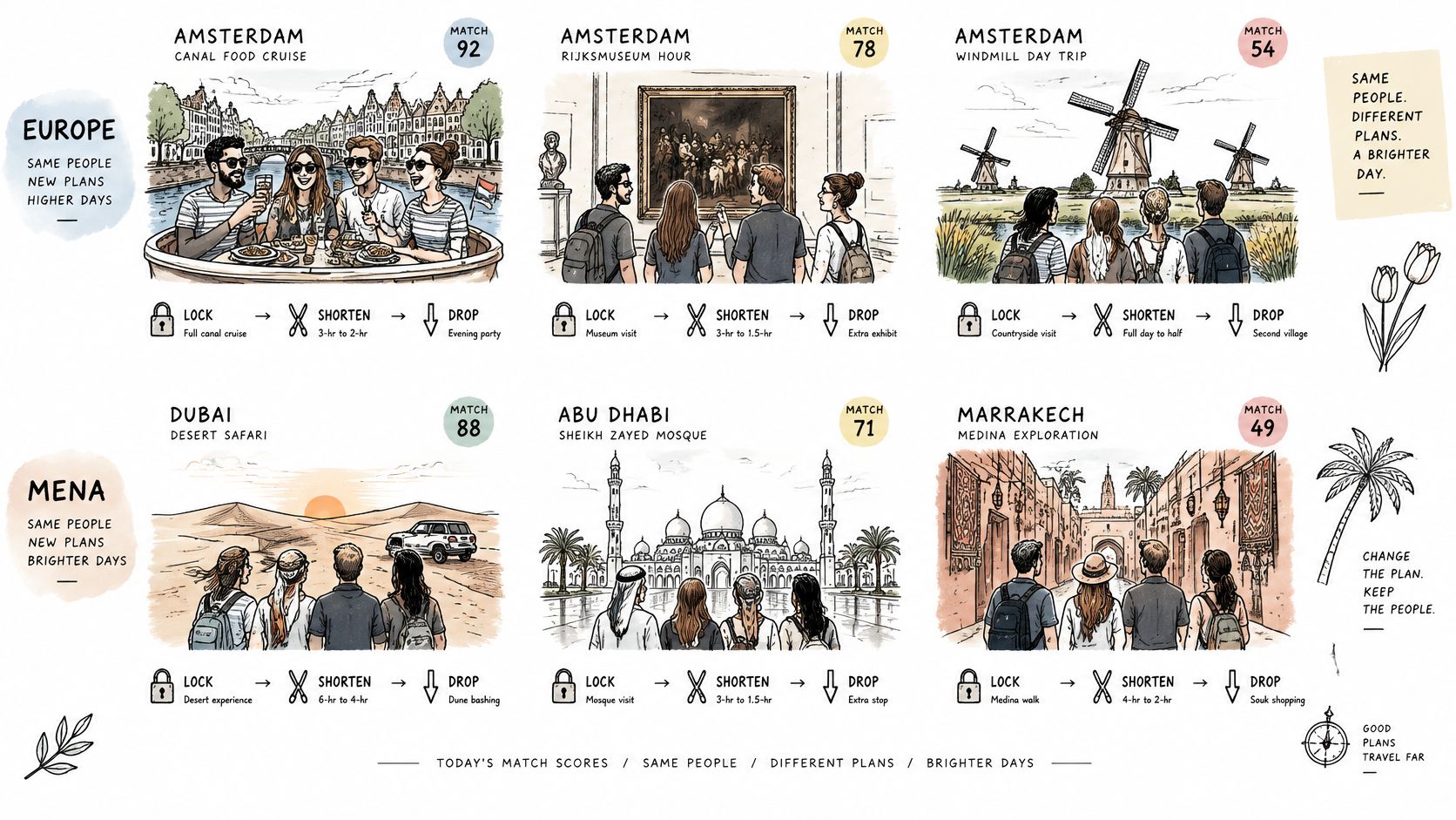 An infographic showing travel itineraries in Europe and MENA with match scores and plan-shortening options.