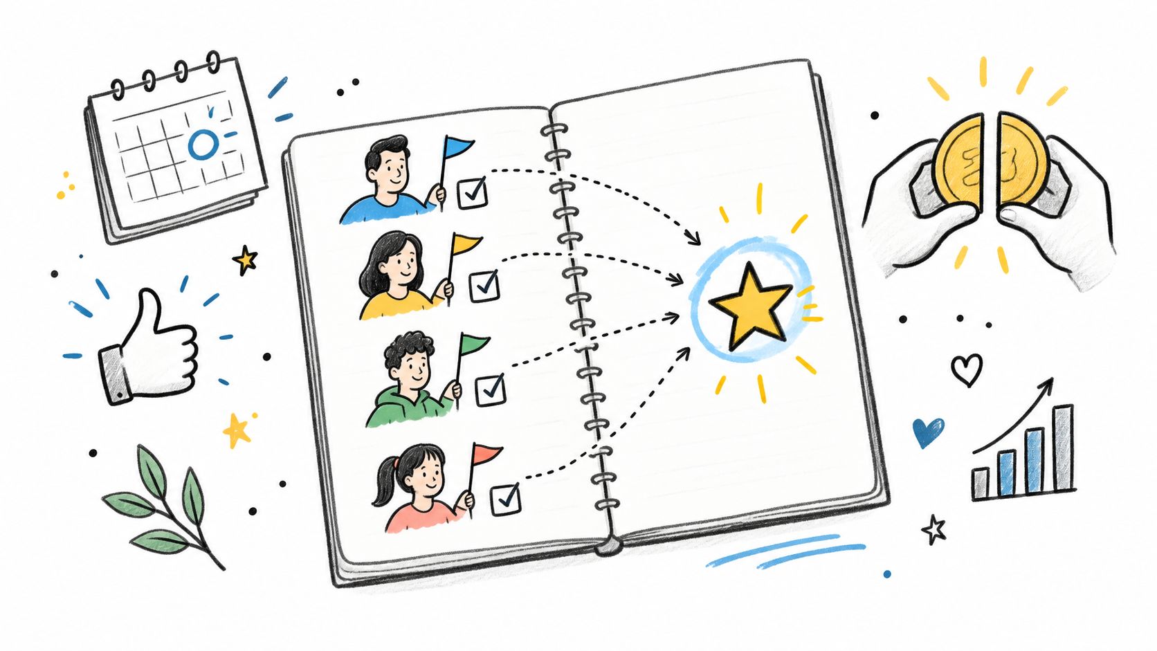 A hand-drawn illustration showing four family members' different trip preferences converging on a single chosen option.
