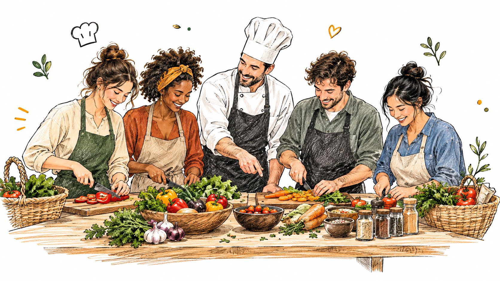 A diverse group of people learning to cook together in a professional kitchen with fresh vegetables.
