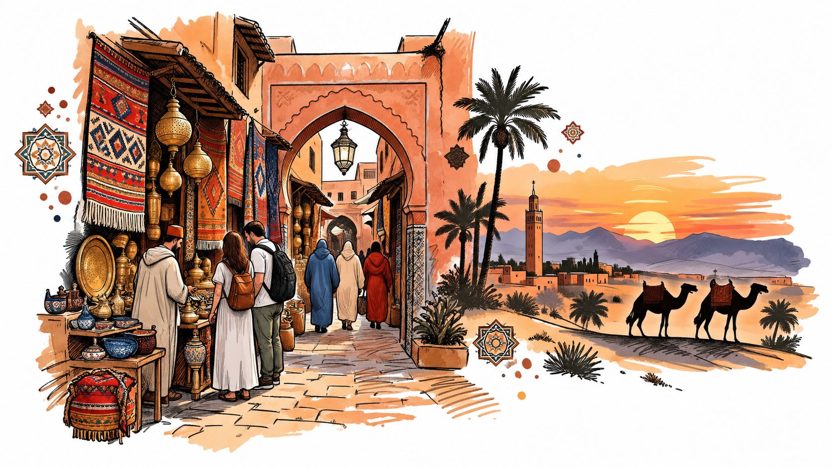 A scenic watercolor illustration depicting people shopping at a vibrant Moroccan bazaar with a desert sunset background.