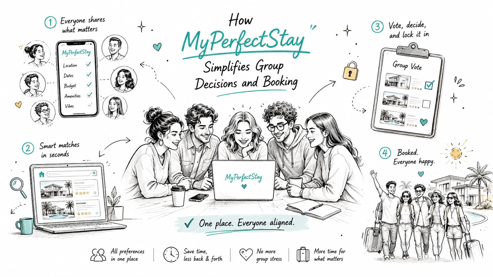 An illustrated four-step diagram showing how MyPerfectStay collects group preferences, matches options, runs a group vote, and confirms the booking.